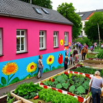 "A vibrant community garden in a German neighborhood, bustling with people of all ages working together to plant flowers and vegetables. Colorful street art adorns nearby walls. The scene exudes a sense of collaboration and urban renewal, showcasing 'Community Art' in action. Focus on the diversity of participants and the tangible improvements to the urban landscape."