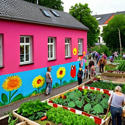 "A vibrant community garden in a German neighborhood, bustling with people of all ages working together to plant flowers and vegetables. Colorful street art adorns nearby walls. The scene exudes a sense of collaboration and urban renewal, showcasing 'Community Art' in action. Focus on the diversity of participants and the tangible improvements to the urban landscape."