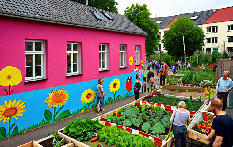 "A vibrant community garden in a German neighborhood, bustling with people of all ages working together to plant flowers and vegetables. Colorful street art adorns nearby walls. The scene exudes a sense of collaboration and urban renewal, showcasing 'Community Art' in action. Focus on the diversity of participants and the tangible improvements to the urban landscape."