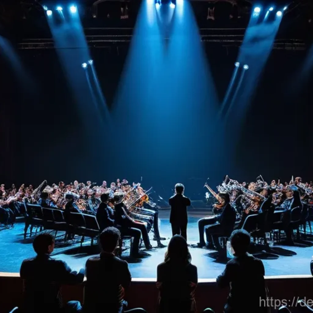 현존 기반 공연 접근법의 인터랙티브 요소 - **Interactive Audience Symphony:** A dynamic, wide shot capturing a diverse group of people, aged 15...