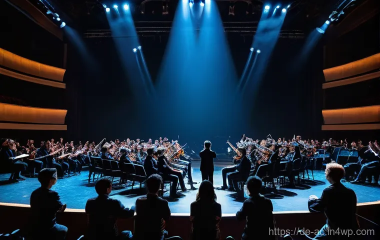 현존 기반 공연 접근법의 인터랙티브 요소 - **Interactive Audience Symphony:** A dynamic, wide shot capturing a diverse group of people, aged 15...