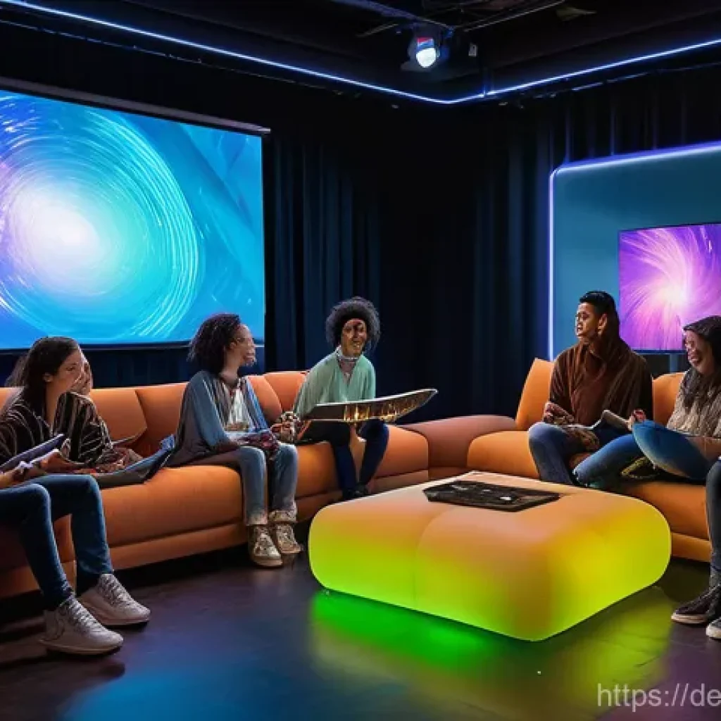 현존 기반 공연 접근법의 글로벌 사례 비교 - **Prompt**: A vibrant virtual concert experience viewed by a diverse group of teenagers and young ad...