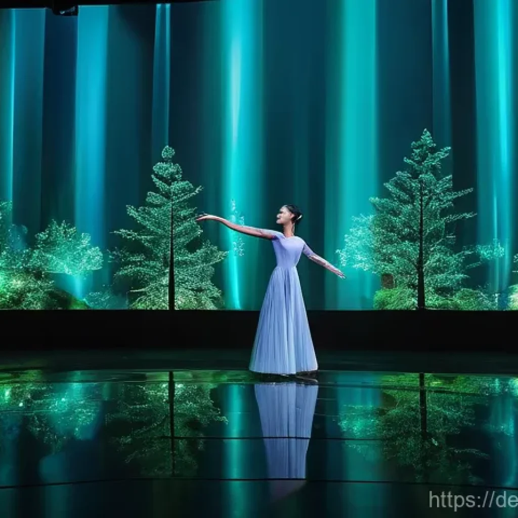 현존 기반 공연 접근법에서의 데이터 활용 - **The Responsive Stage Ecosystem**
Imagine a grand, semi-circular theater stage where the physic...