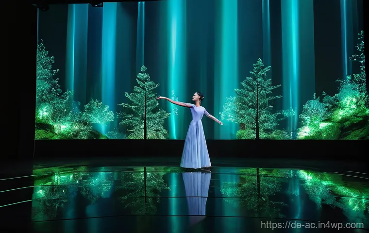 현존 기반 공연 접근법에서의 데이터 활용 - **The Responsive Stage Ecosystem**
Imagine a grand, semi-circular theater stage where the physic...