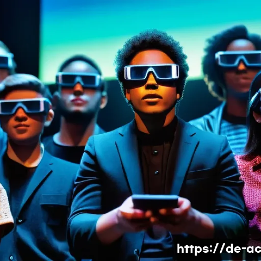 현존 기반 공연 접근법의 예술적 실험 사례 - A modern urban theater scene showcasing interactive technology use: diverse audience members activel...