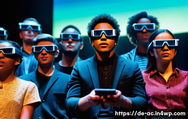 현존 기반 공연 접근법의 예술적 실험 사례 - A modern urban theater scene showcasing interactive technology use: diverse audience members activel...