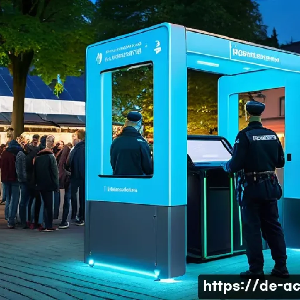 현존 기반 공연 접근법에서의 안전 관리 - A high-tech outdoor concert entrance scene in Germany during twilight, featuring a modern biometric ...
