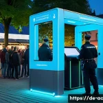 Home 21 현존 기반 공연 접근법에서의 안전 관리 - A high-tech outdoor concert entrance scene in Germany during twilight, featuring a modern biometric ...