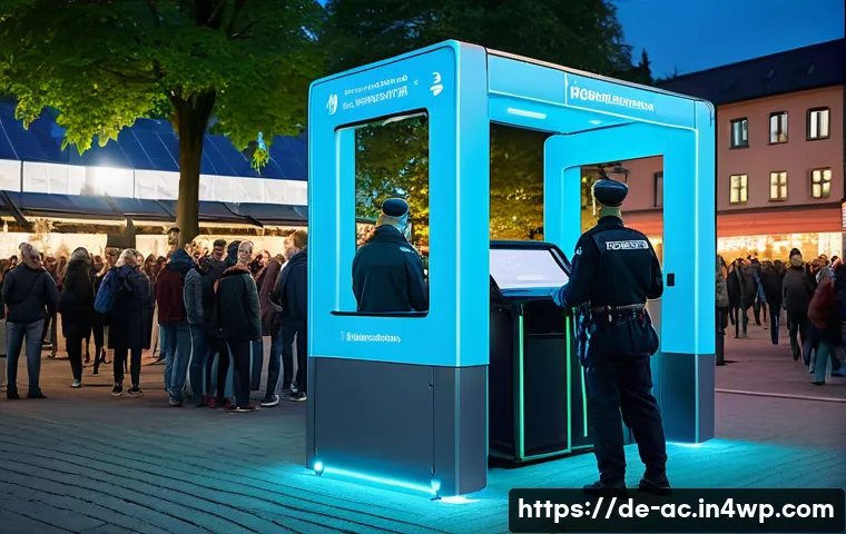 현존 기반 공연 접근법에서의 안전 관리 - A high-tech outdoor concert entrance scene in Germany during twilight, featuring a modern biometric ...