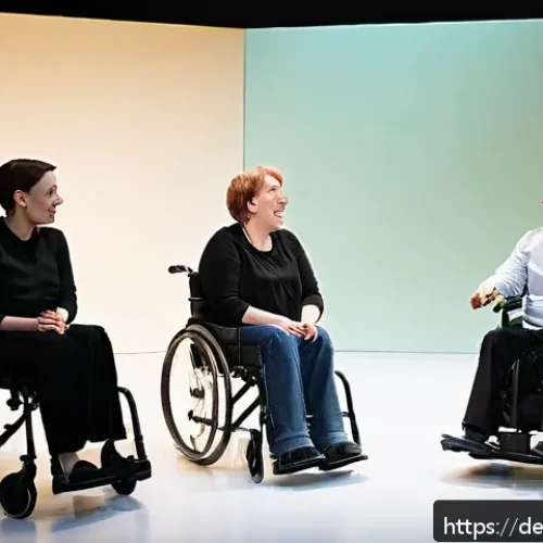 Home 30 현존 기반 공연 접근법의 사회적 영향 - A diverse group of performers on a stage in a modern theater, including people with visible disabili...