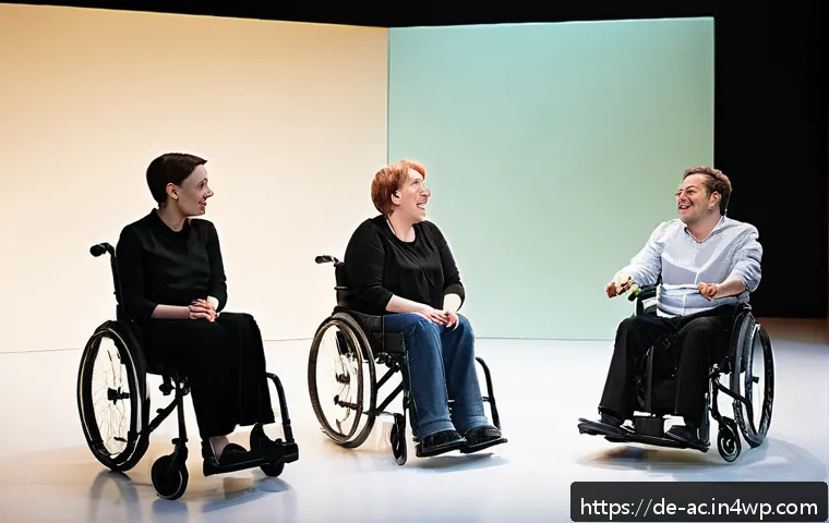 현존 기반 공연 접근법의 사회적 영향 - A diverse group of performers on a stage in a modern theater, including people with visible disabili...