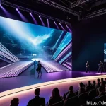 Home 23 현존 기반 공연 접근법과 테크놀로지의 융합 - A futuristic live concert scene featuring an interactive stage with holographic projections of a leg...