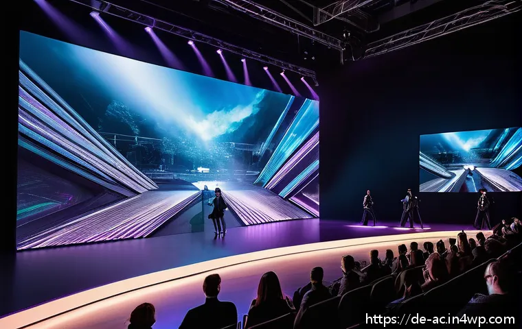 현존 기반 공연 접근법과 테크놀로지의 융합 - A futuristic live concert scene featuring an interactive stage with holographic projections of a leg...