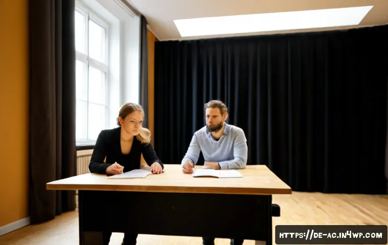 Home 17 현존 기반 공연 접근법의 법적 고려사항 - Photorealistic German theatre rehearsal room, a diverse group of adult performers and a legal adviso...