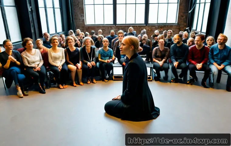 현존 기반 공연 접근법의 플랫폼별 특징 - Photorealistic contemporary theatre rehearsal in Berlin, a diverse group of adult performers creatin...